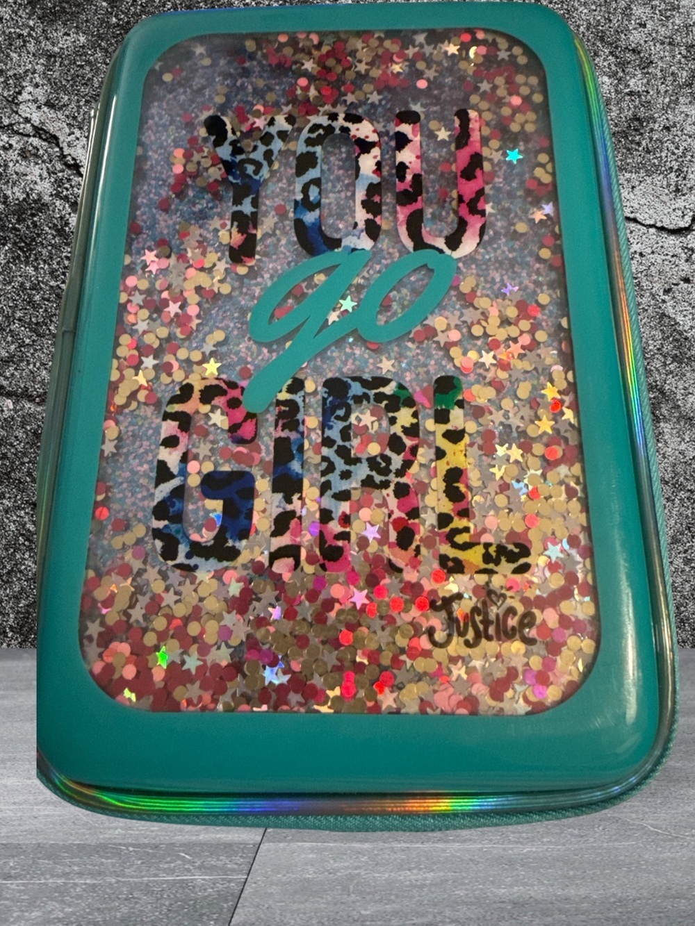 Adorable NWT Teal Animated Glitter 'You Go Girl' Hard PENCIL Case